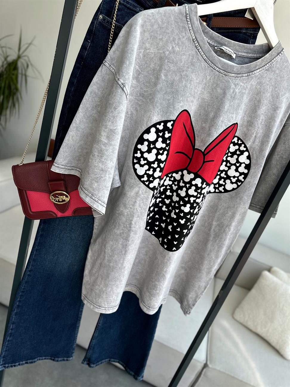 Yıkamalı Gri Minnie Mouse Baskılı Tişört