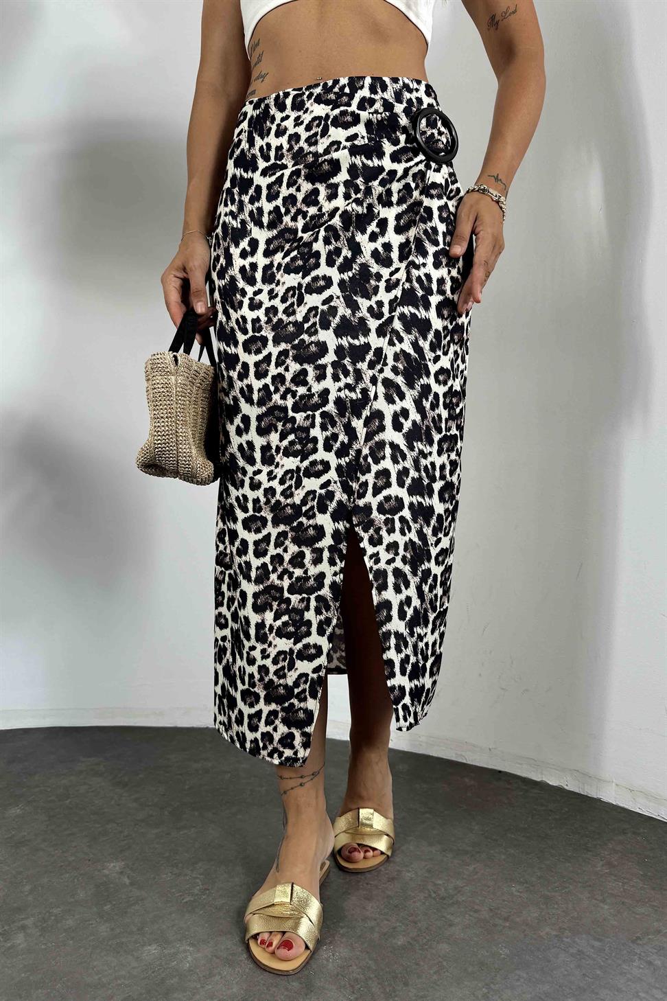 Yırtmaçlı Toka Detay Leopar Desenli Etek Ekru