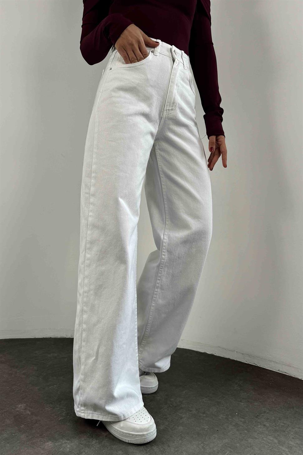 Yüksek Bel Baggy Kadın Jean Beyaz