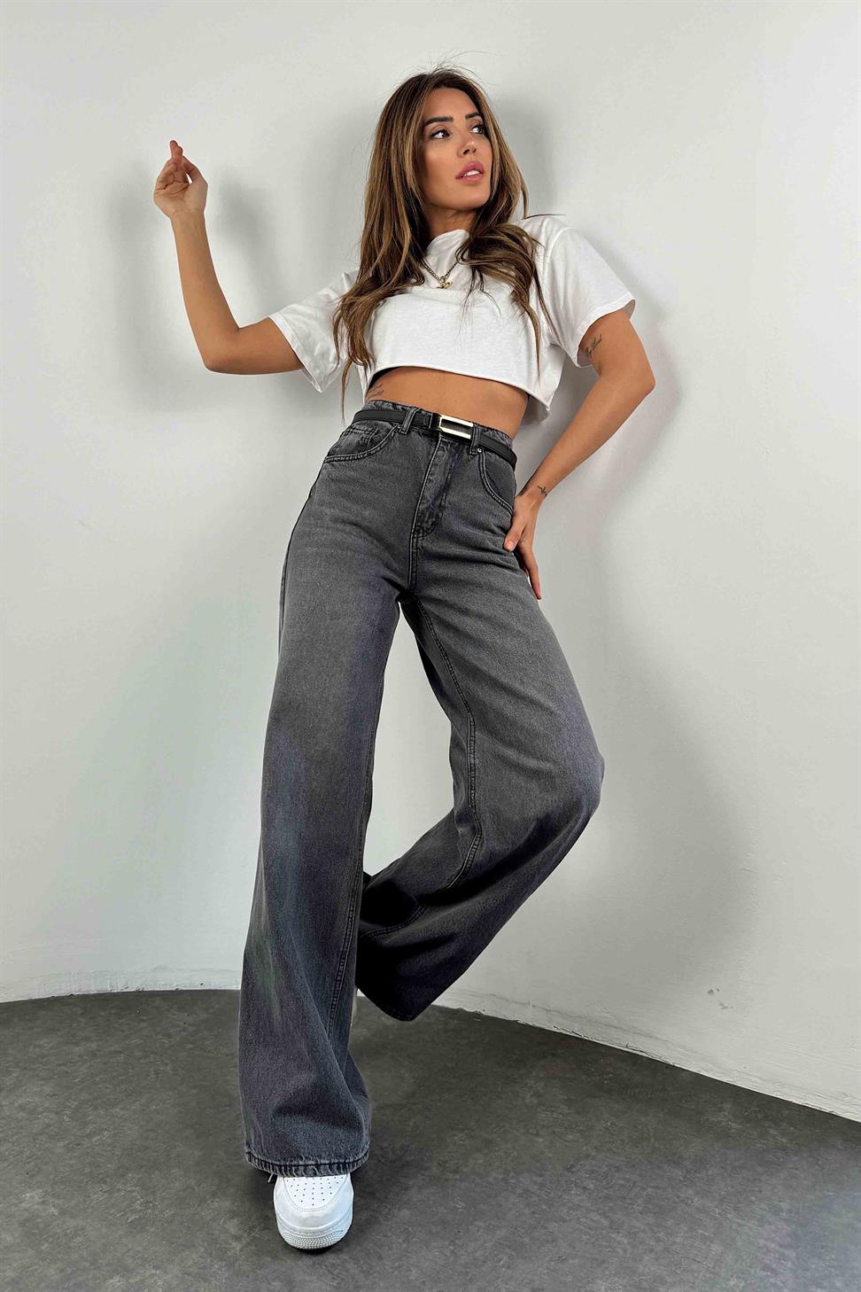 Yüksek Bel Baggy Kadın Jean Füme