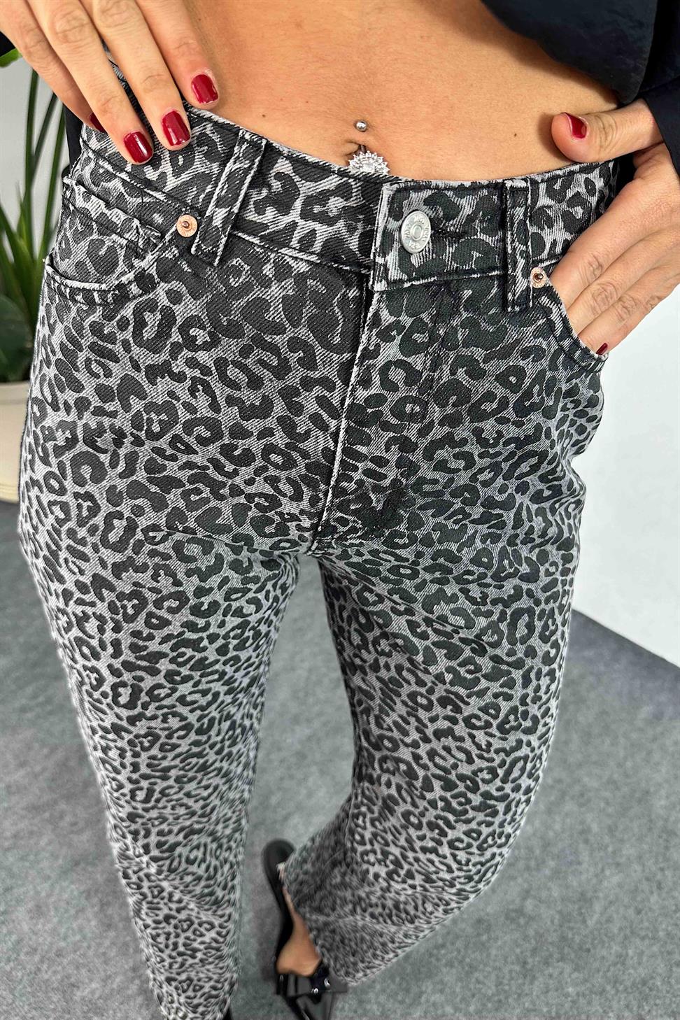 Yüksek Bel Leopar Desenli Jean Gri