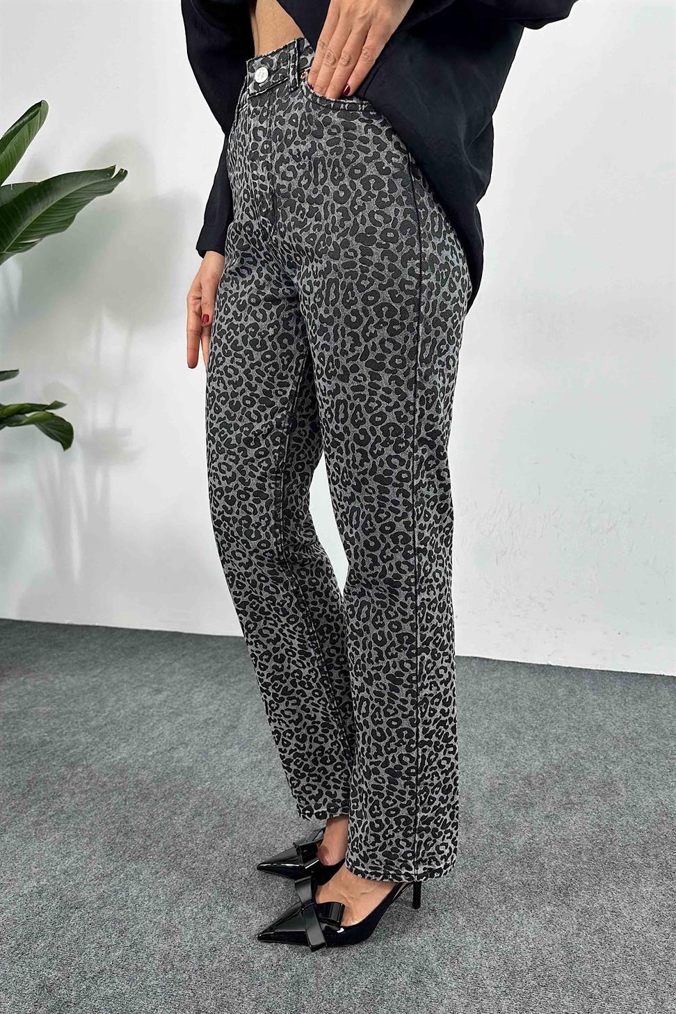Yüksek Bel Leopar Desenli Jean Gri
