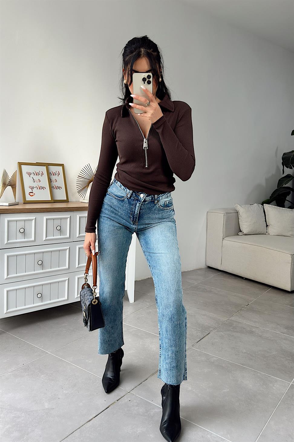 Yüksek Bel Boyfriend Jean Pantolon Mavi