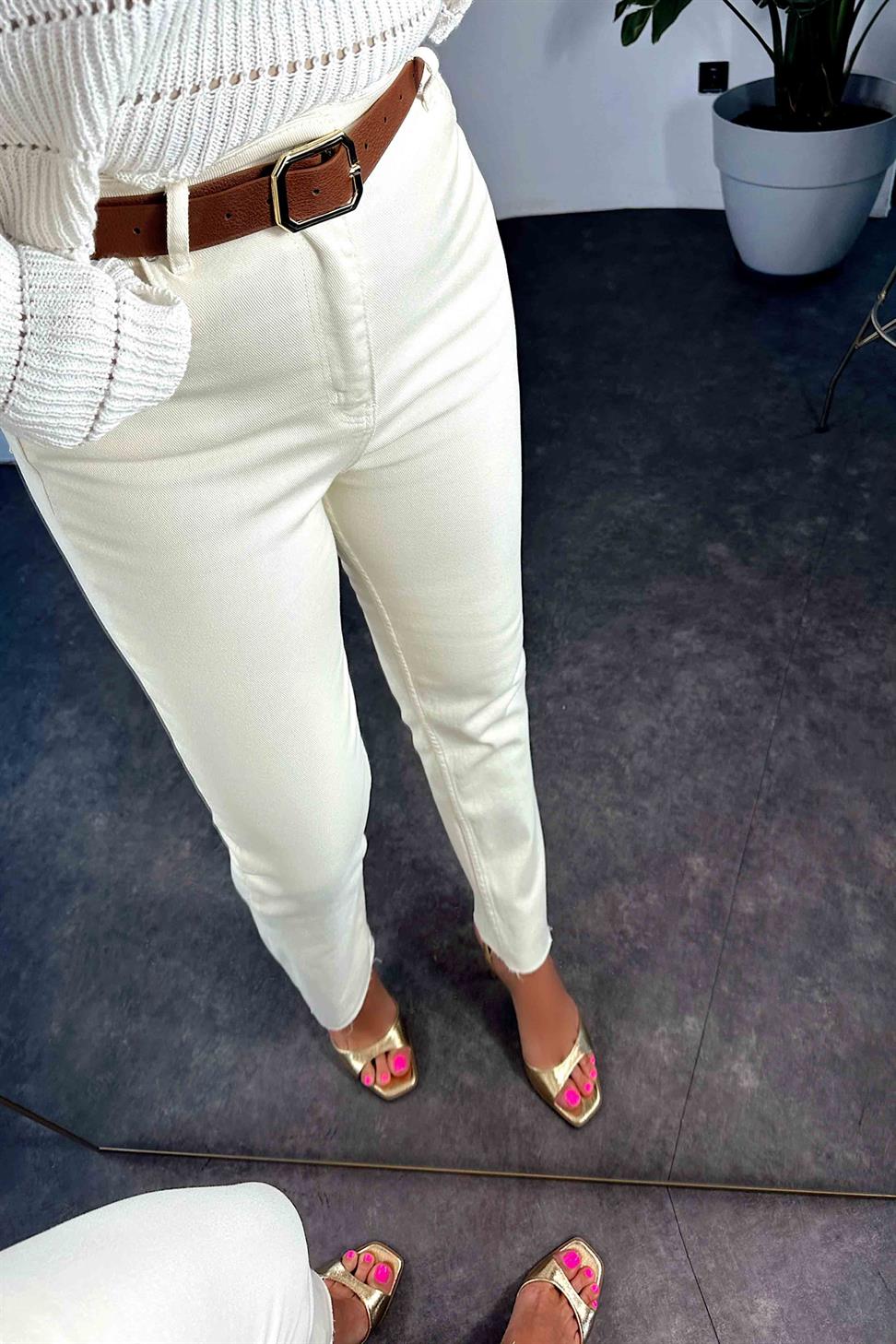 Yüksek Bel Boyfriend Kadın Jean Bej