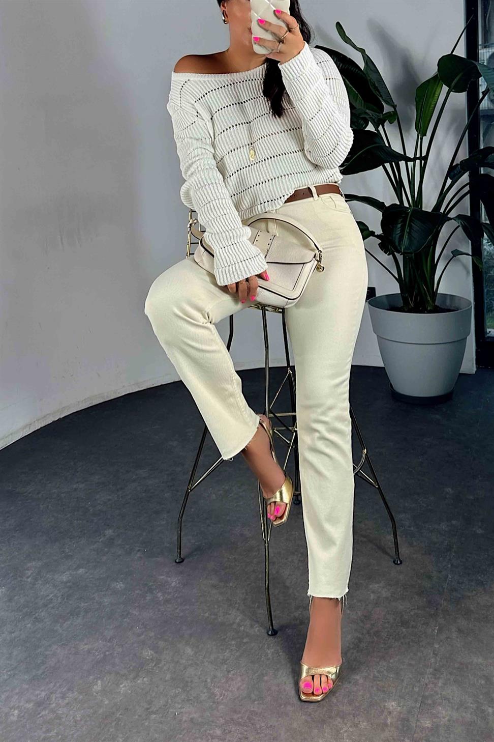 Yüksek Bel Boyfriend Kadın Jean Bej