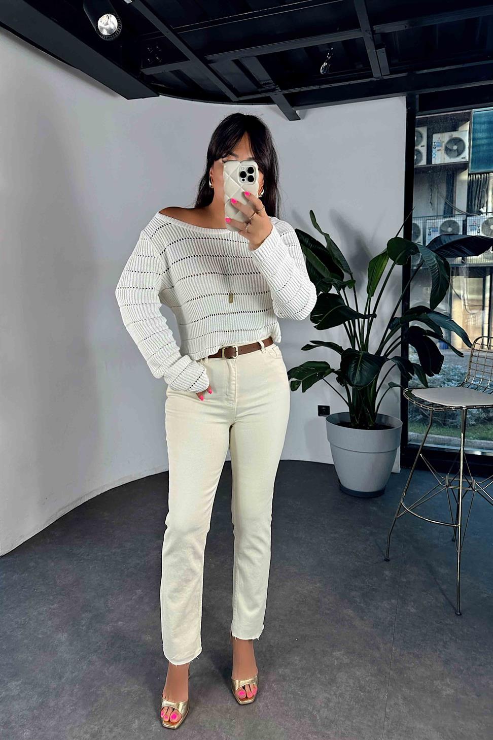 Yüksek Bel Boyfriend Kadın Jean Bej