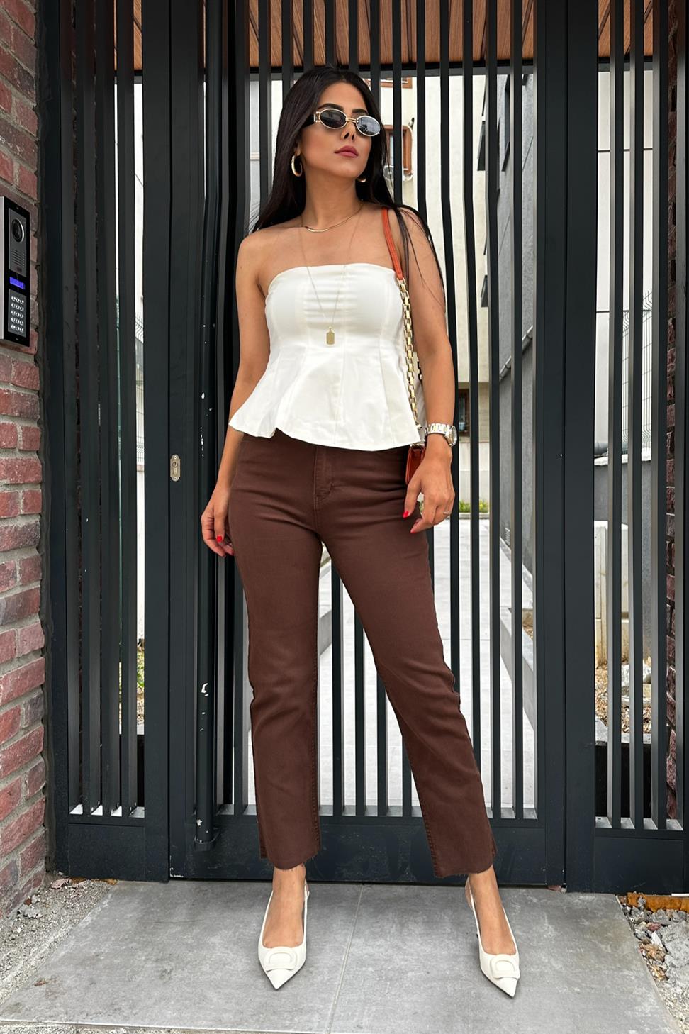 Yüksek Bel Boyfriend Kadın Jean Kahverengi