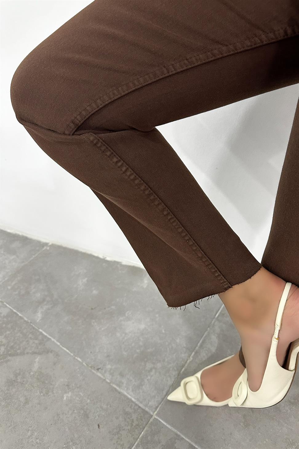 Yüksek Bel Boyfriend Kadın Jean Kahverengi