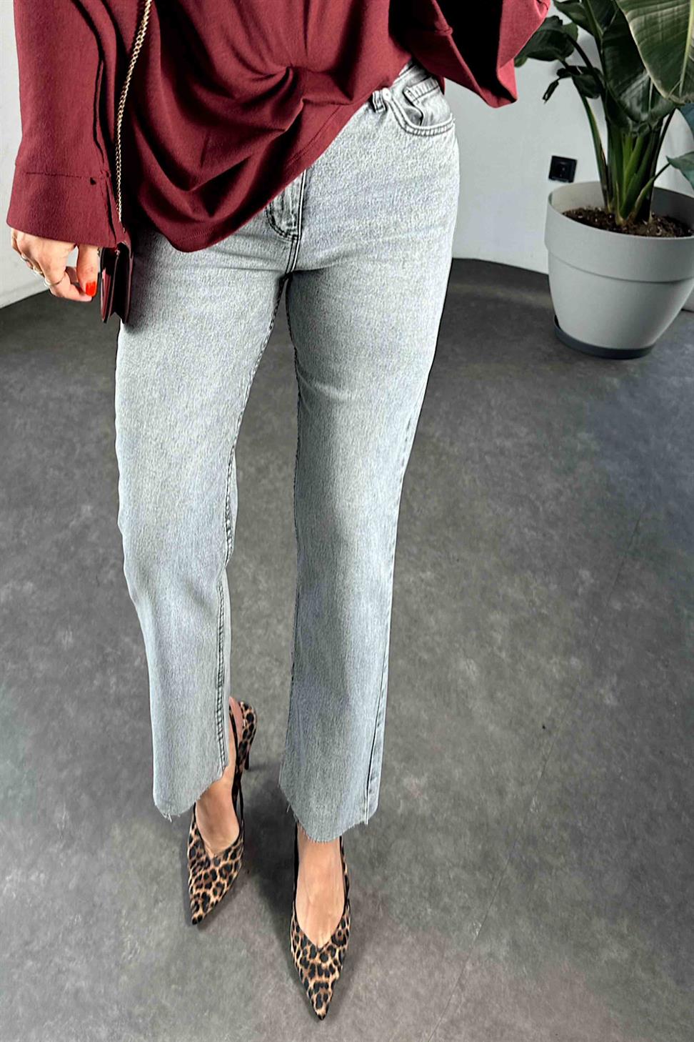 Yüksek Bel Boyfriend Kadın Jean Kar Yıkama Gri