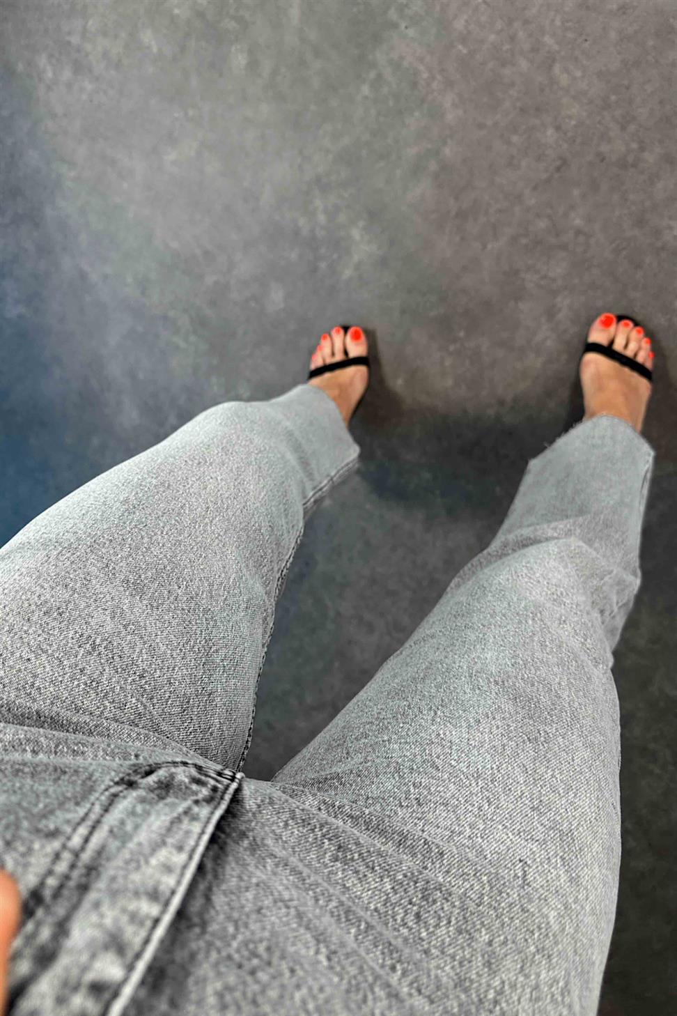 Yüksek Bel Boyfriend Kadın Jean Kar Yıkama Gri