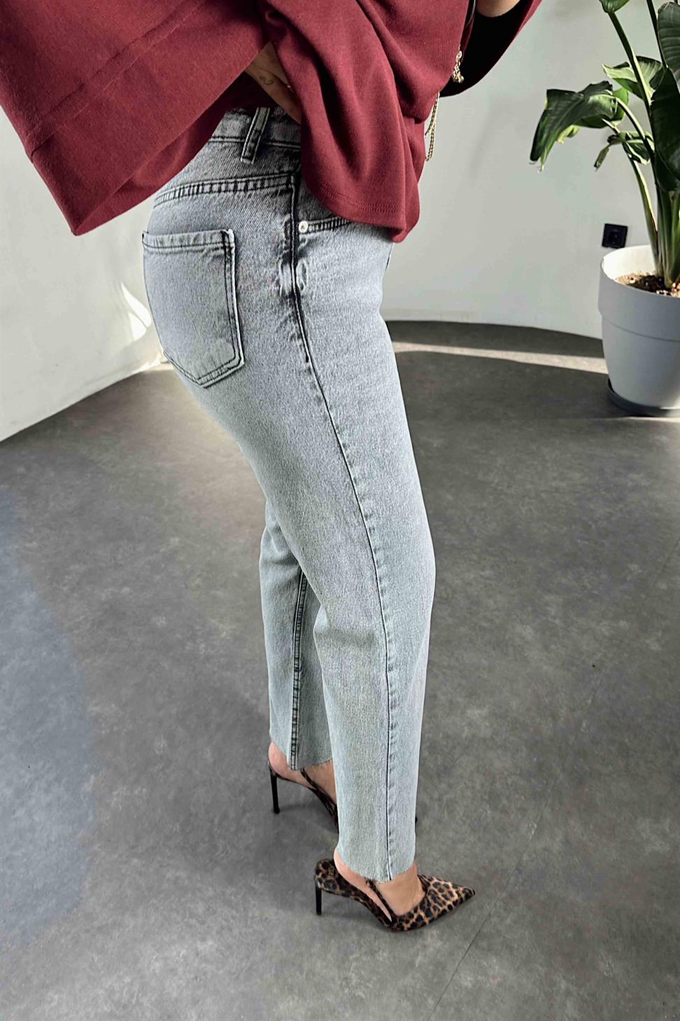 Yüksek Bel Boyfriend Kadın Jean Kar Yıkama Gri