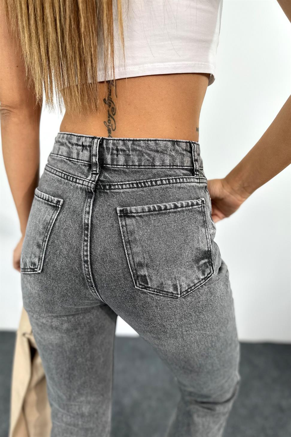 Yüksek Bel Boyfriend Kadın Jean Koyu Gri
