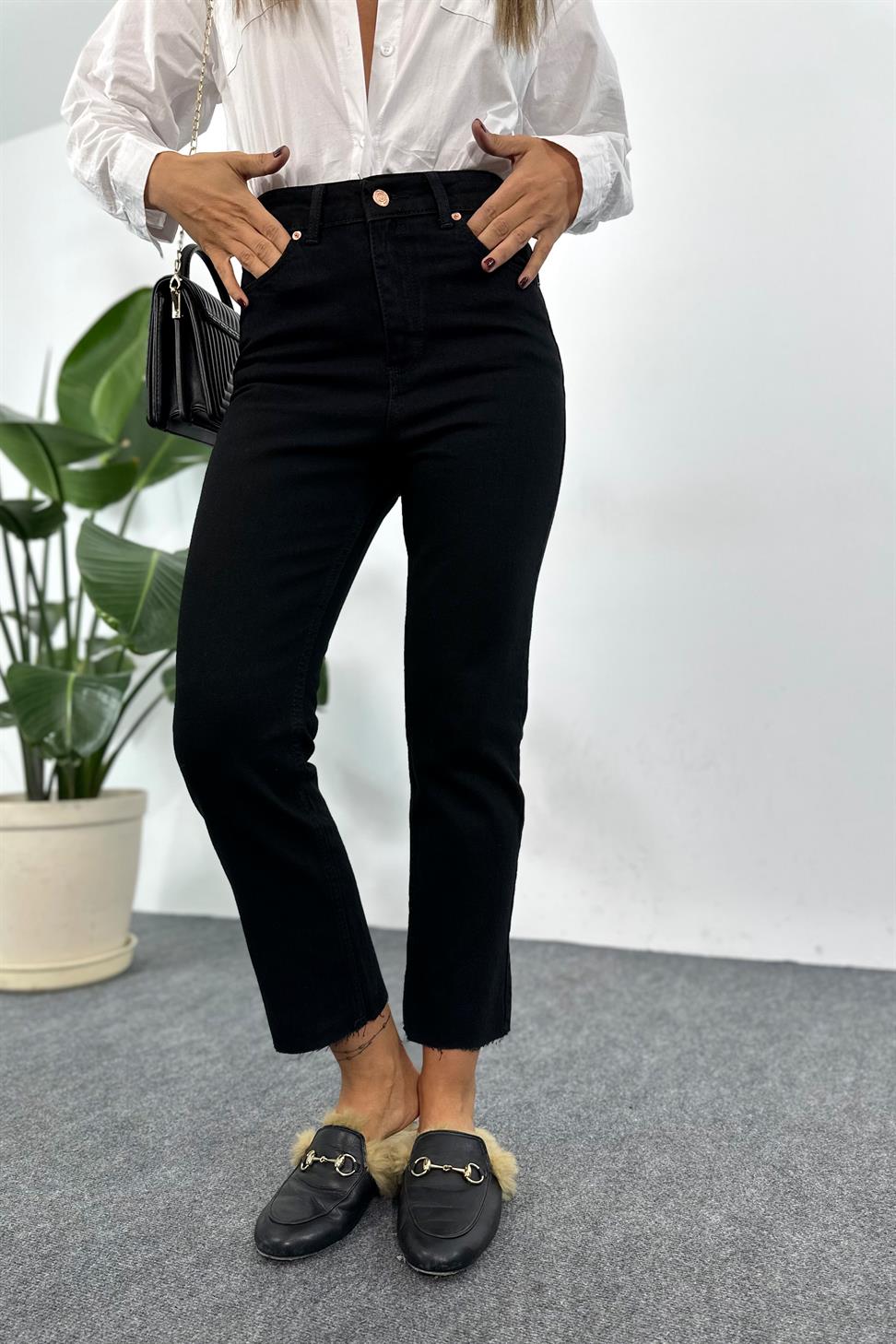 Yüksek Bel Boyfriend Kadın Jean Siyah