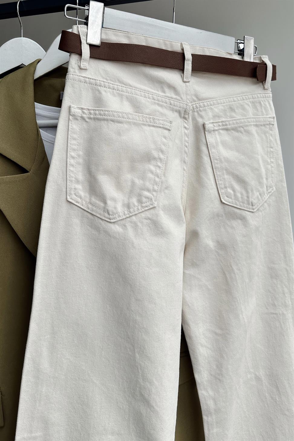 Yüksek Bel Flare Jean Pantolon Krem