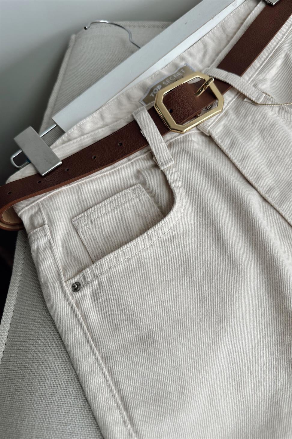 Yüksek Bel Flare Jean Pantolon Krem