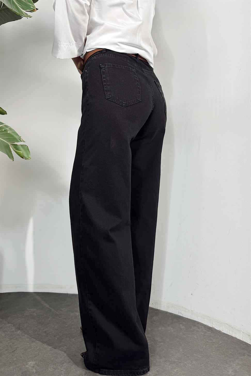 Yüksek Bel Geniş Paça Jean Patolon Siyah