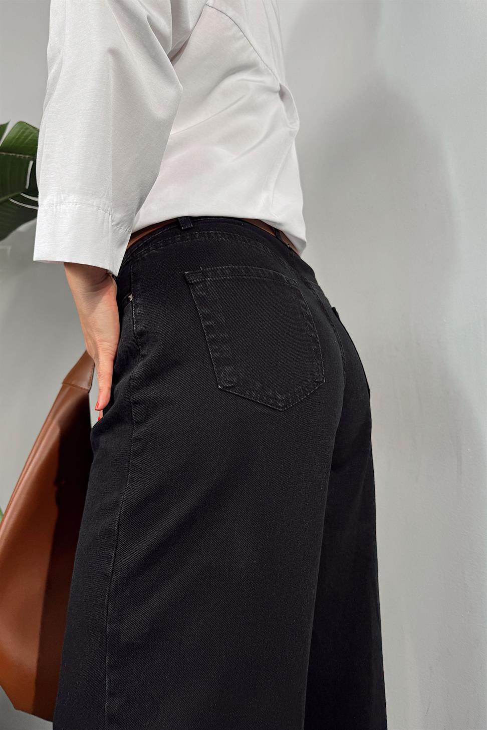 Yüksek Bel Geniş Paça Jean Patolon Siyah