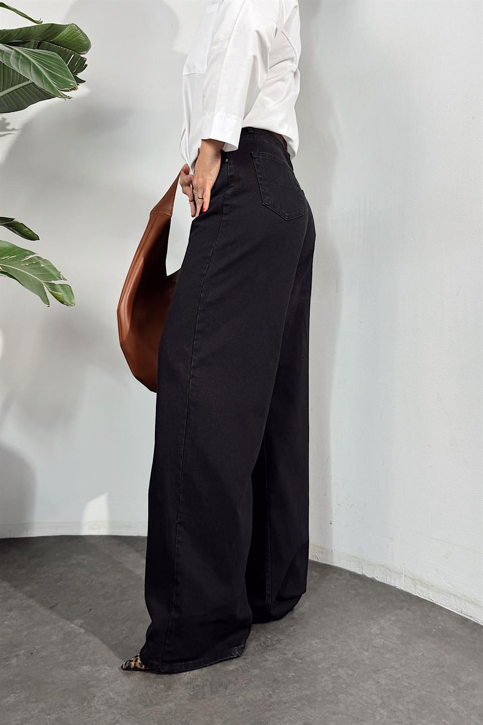 Yüksek Bel Geniş Paça Jean Patolon Siyah