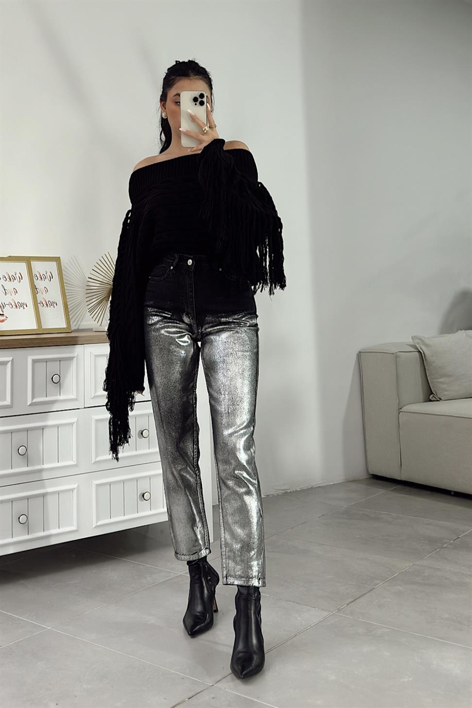 Yüksek Bel Gümüş Varaklı Jean Pantolon Siyah