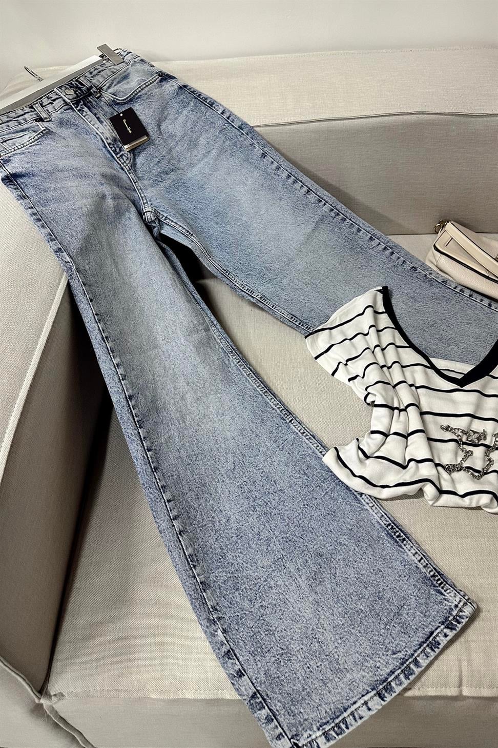 Yüksek Bel Ice Blue Flare Jean Pantolon Mavi