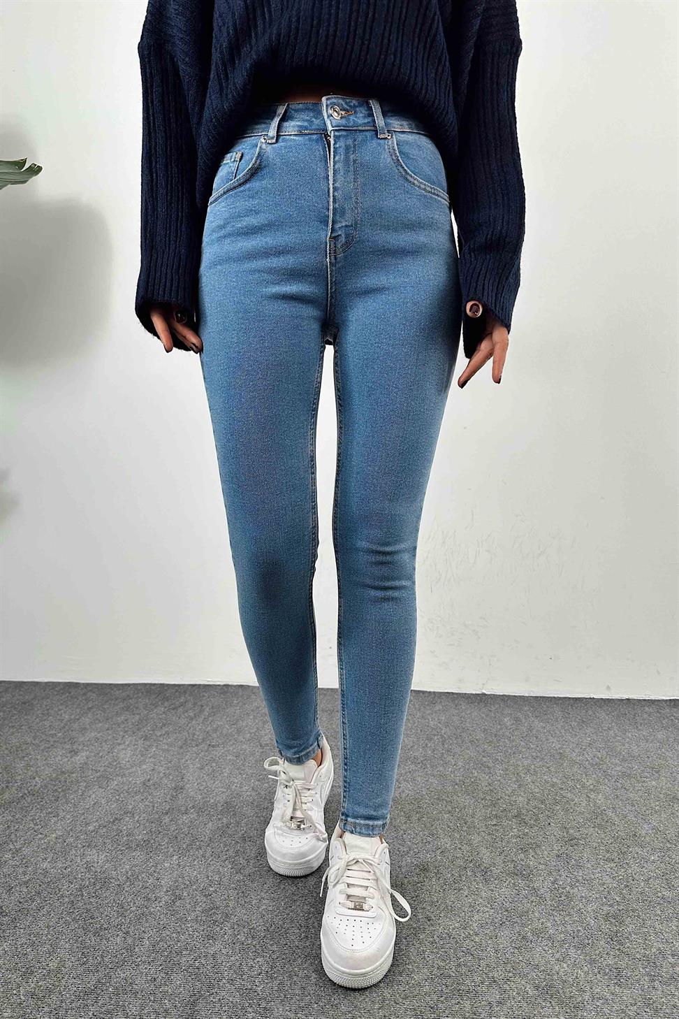 Yüksek Bel Kadın Slim Fit Jean Pantolon Açık Mavi