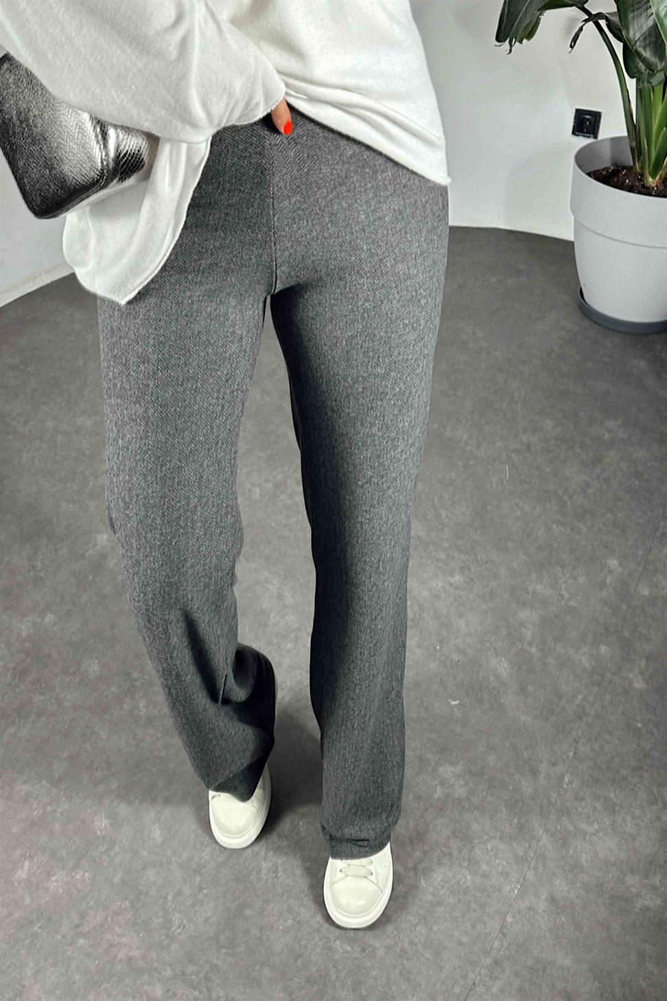 Yüksek Bel Kaşe Kumaş Bol Kadın Pantolon Antrasit