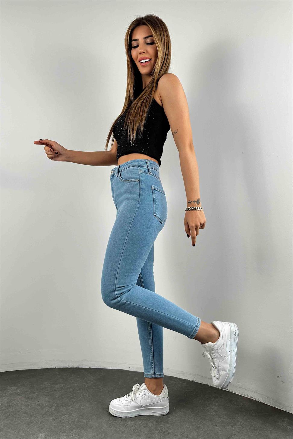 Yüksek Bel Likralı Skinny Jean Açık Mavi
