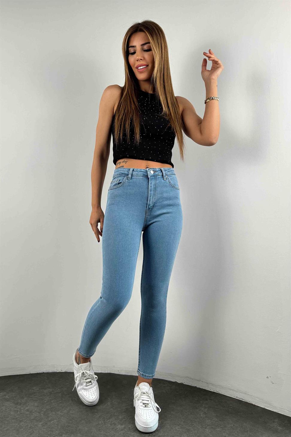 Yüksek Bel Likralı Skinny Jean Açık Mavi
