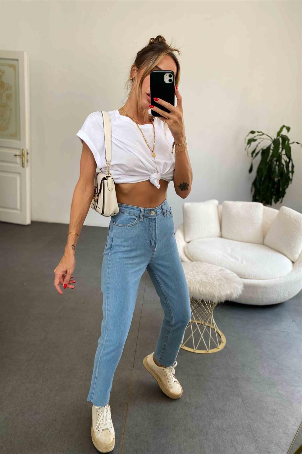 Yüksek Bel Mom Jean Pantolon Açık Mavi