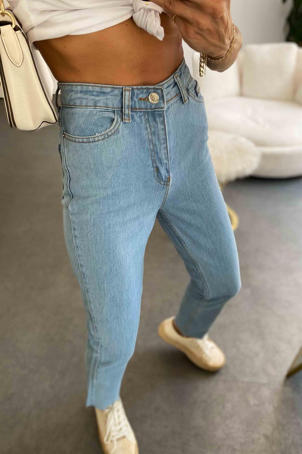 Yüksek Bel Mom Jean Pantolon Açık Mavi