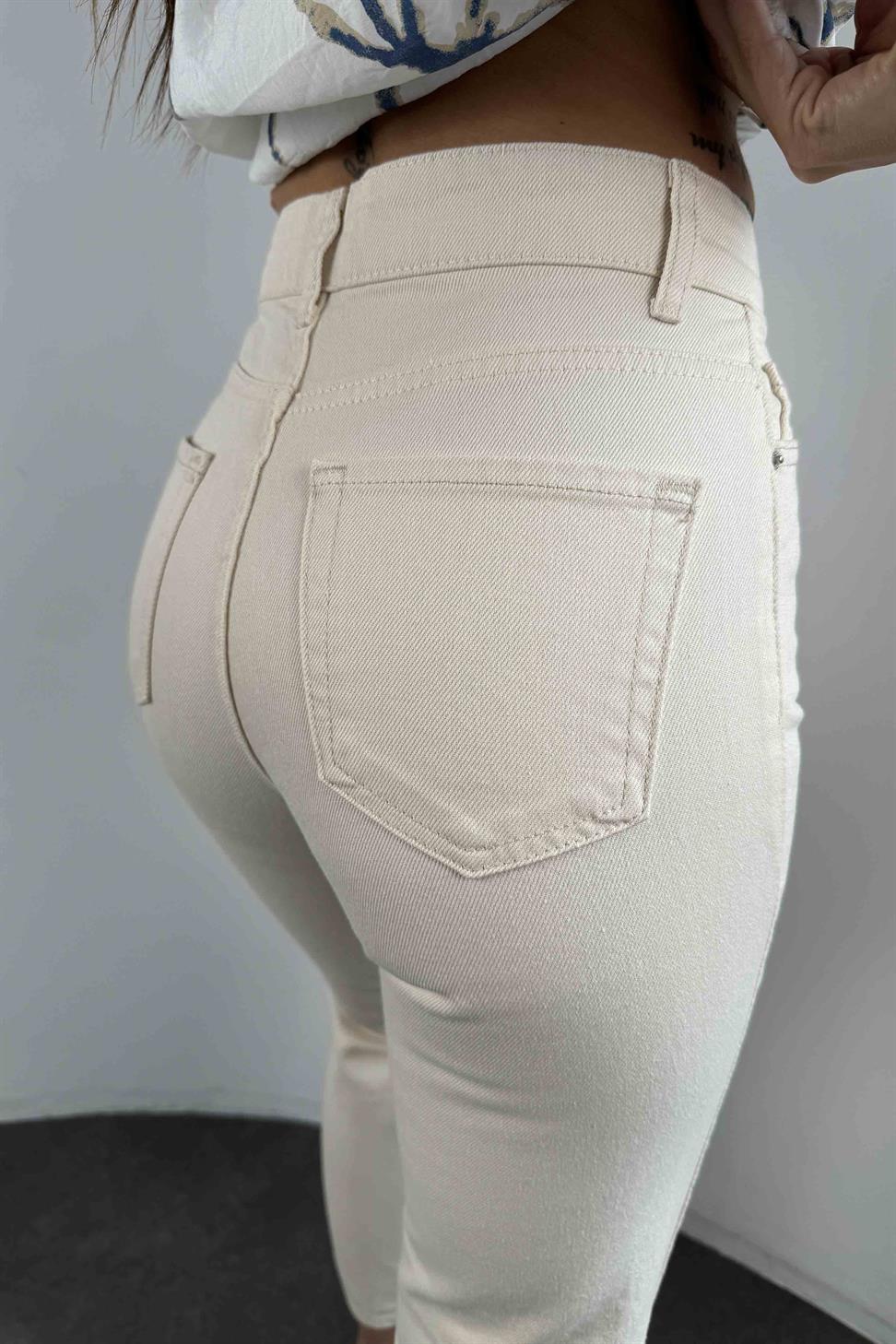 Yüksek Bel Mom Kadın Jean Pantolon Ekru