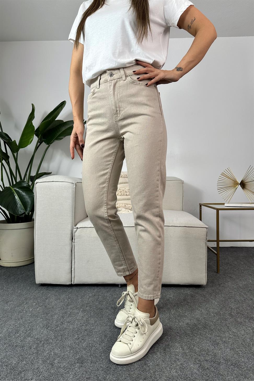 Yüksek Bel Mom Kadın Jean Pantolon Taş