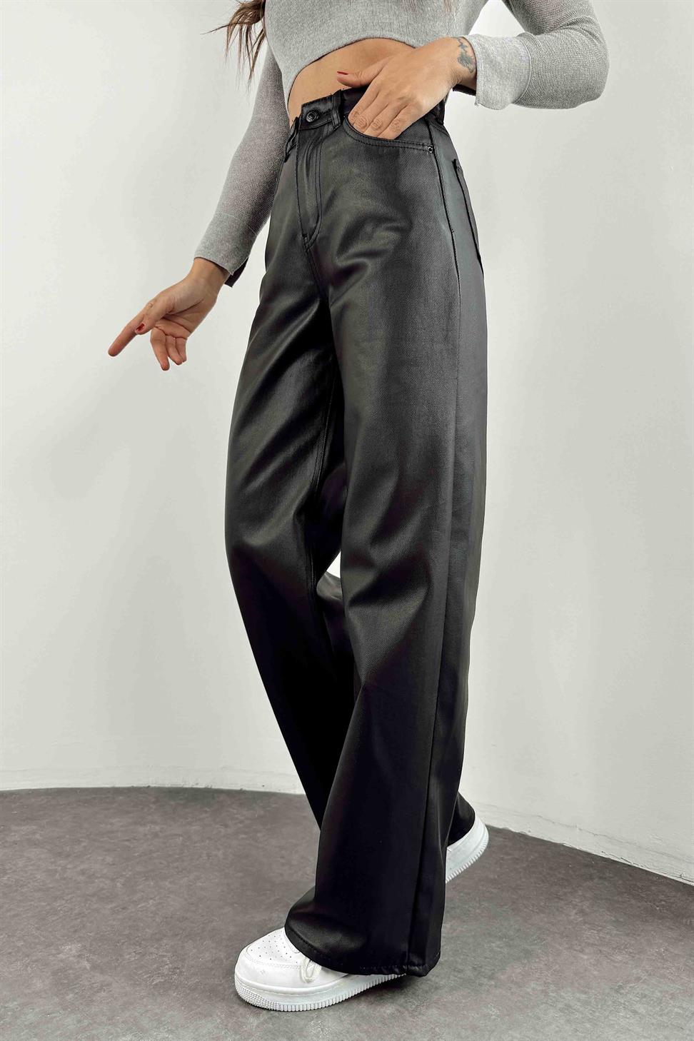 Yüksek Bel Mumlu Palazzo Pantolon Siyah