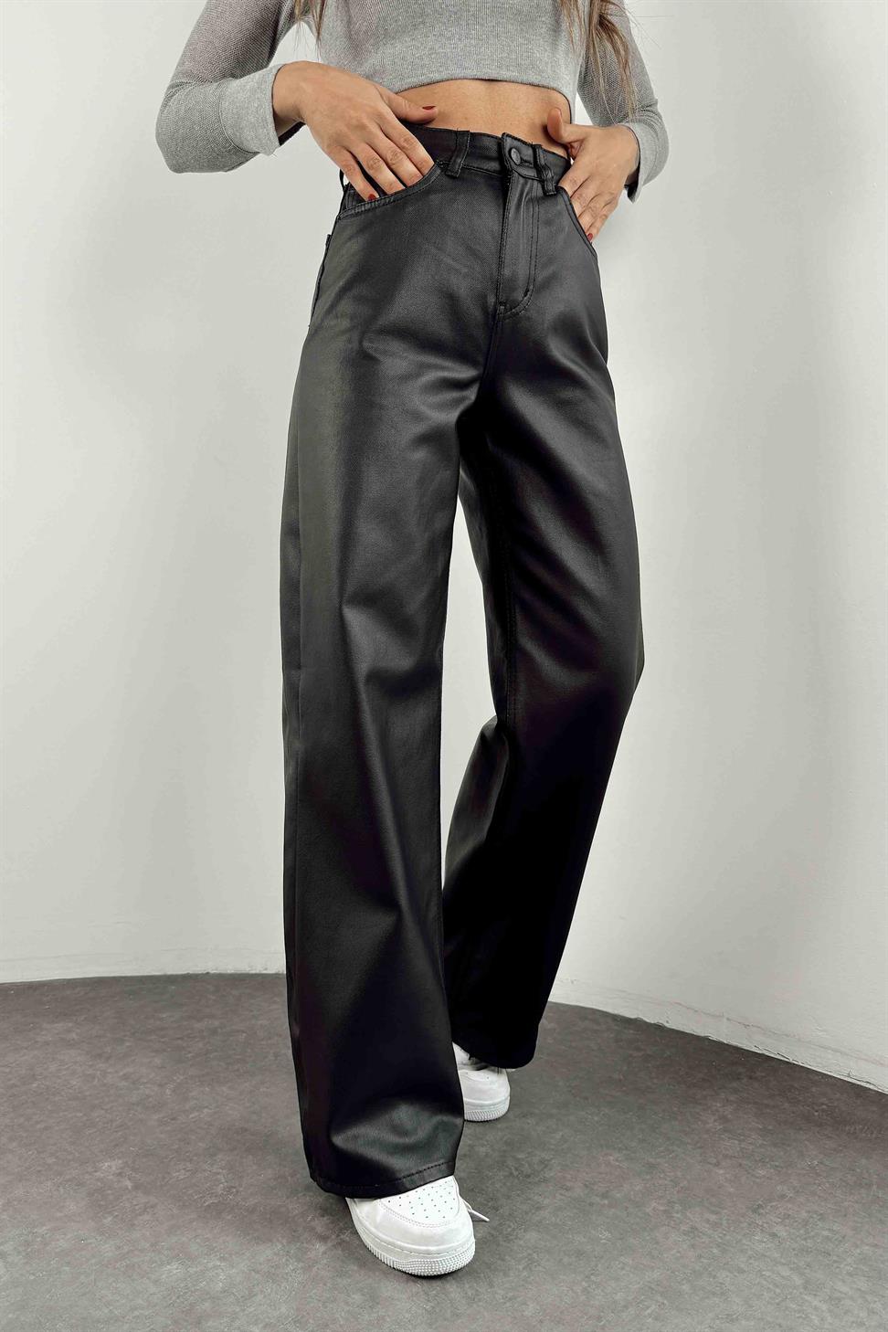 Yüksek Bel Mumlu Palazzo Pantolon Siyah