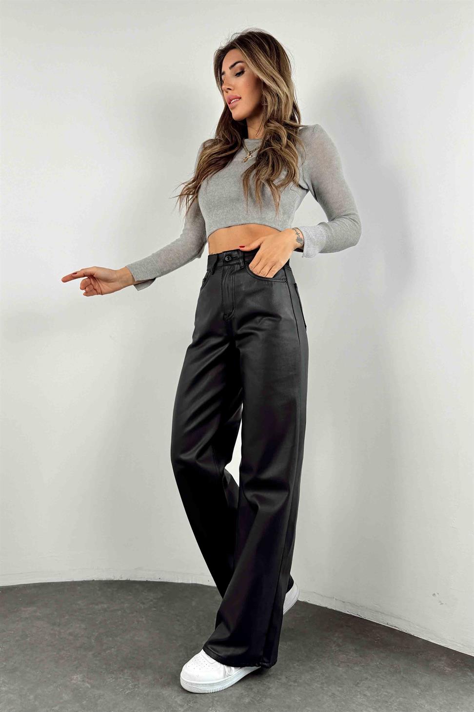 Yüksek Bel Mumlu Palazzo Pantolon Siyah