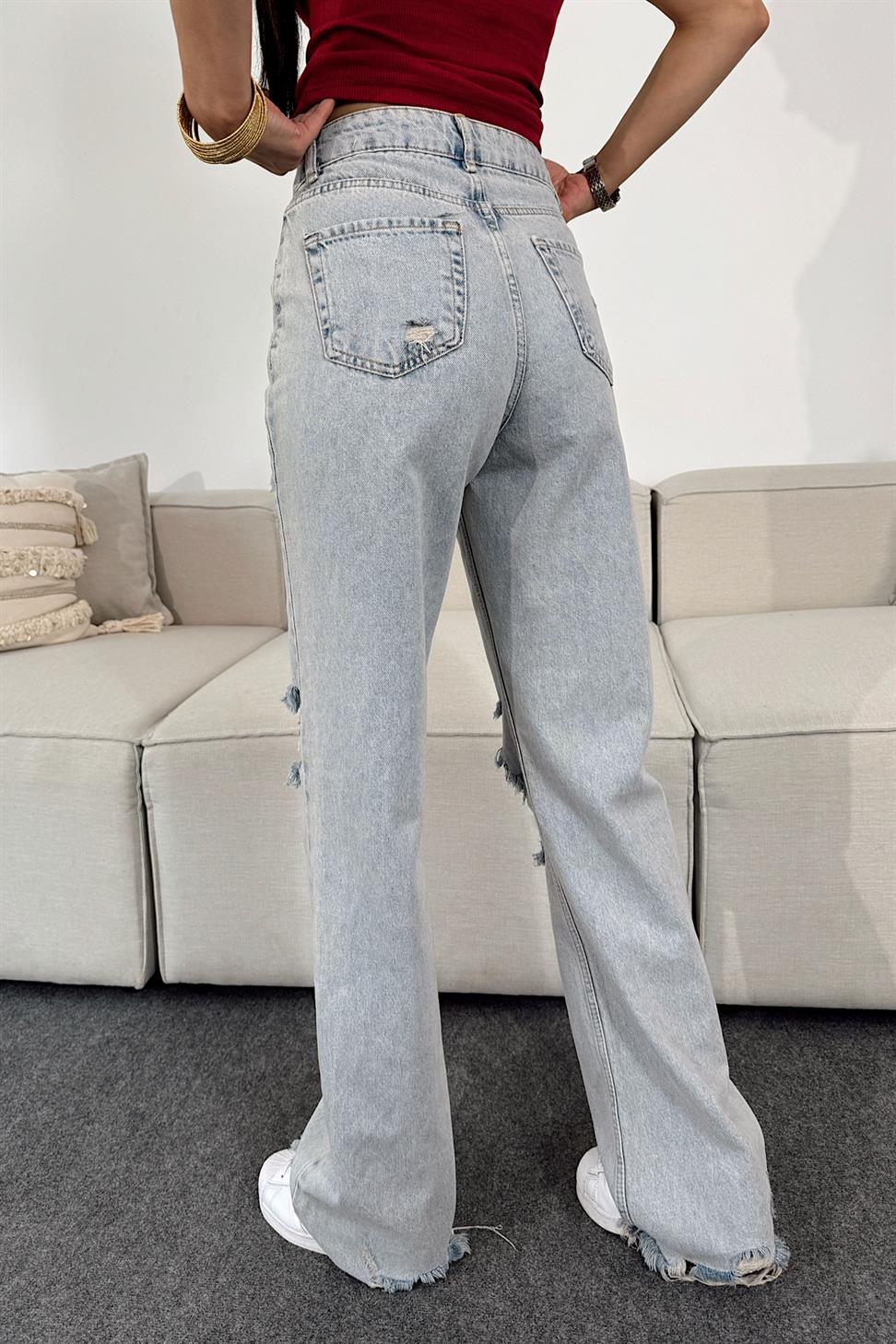 Yüksek Bel Paça Püskül Detaylı Tasarım Jean Pantolon Açık Mavi