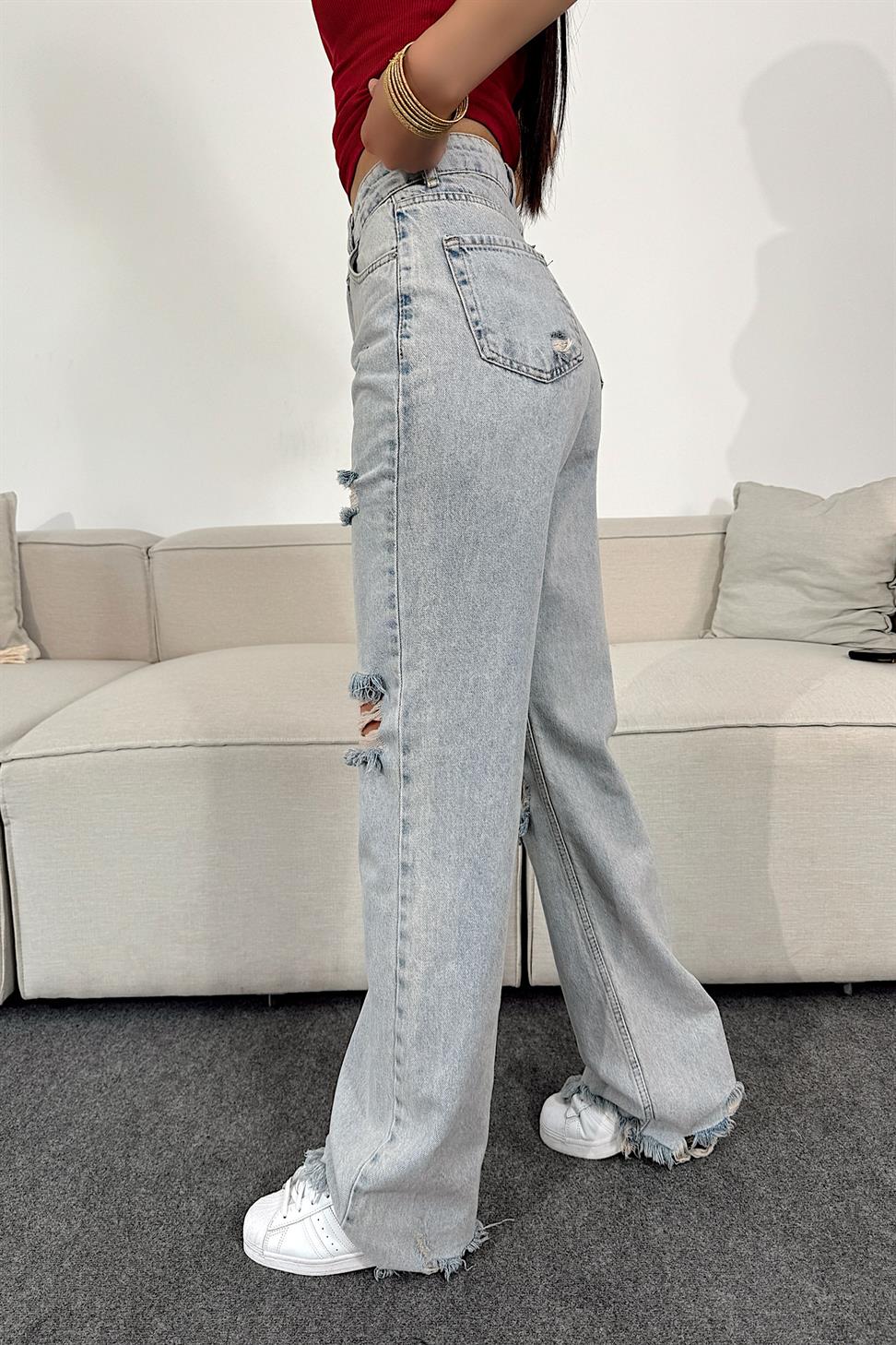 Yüksek Bel Paça Püskül Detaylı Tasarım Jean Pantolon Açık Mavi