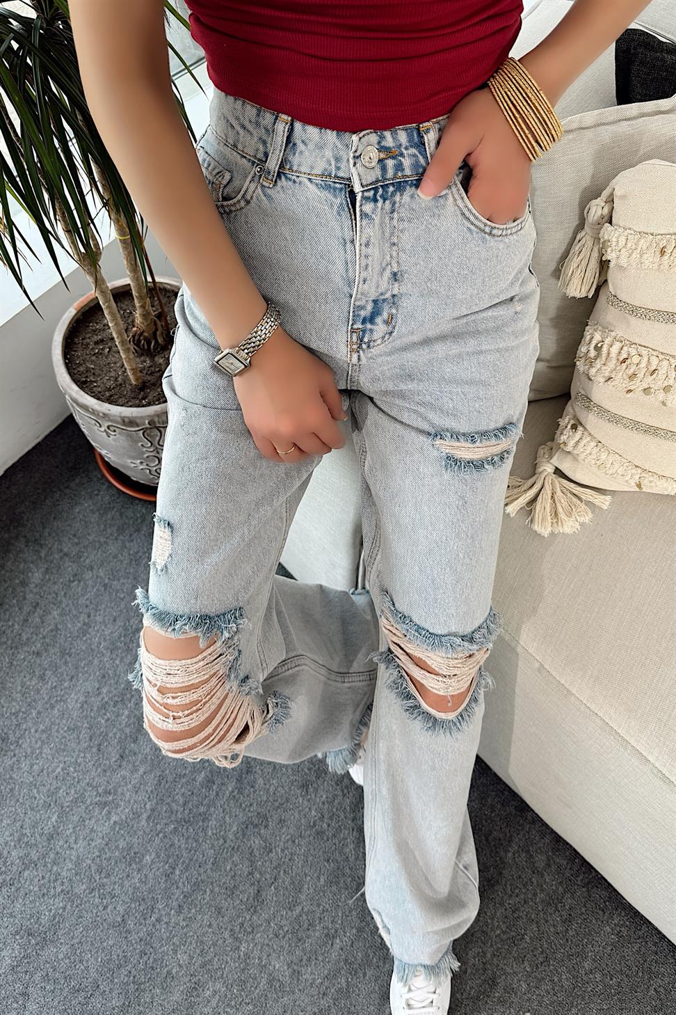 Yüksek Bel Paça Püskül Detaylı Tasarım Jean Pantolon Açık Mavi