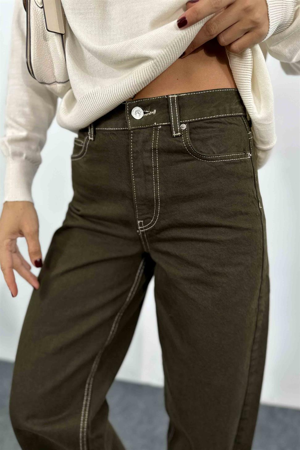 Yüksek Bel Paçası Kesik Boyfriend Jean Pantolon Koyu Yeşil