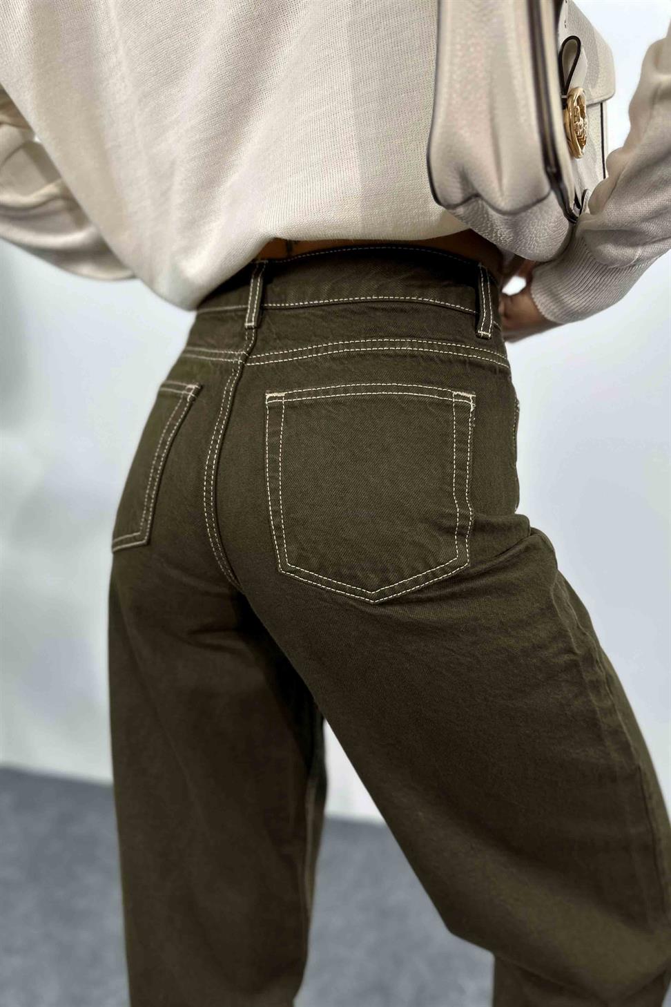 Yüksek Bel Paçası Kesik Boyfriend Jean Pantolon Koyu Yeşil