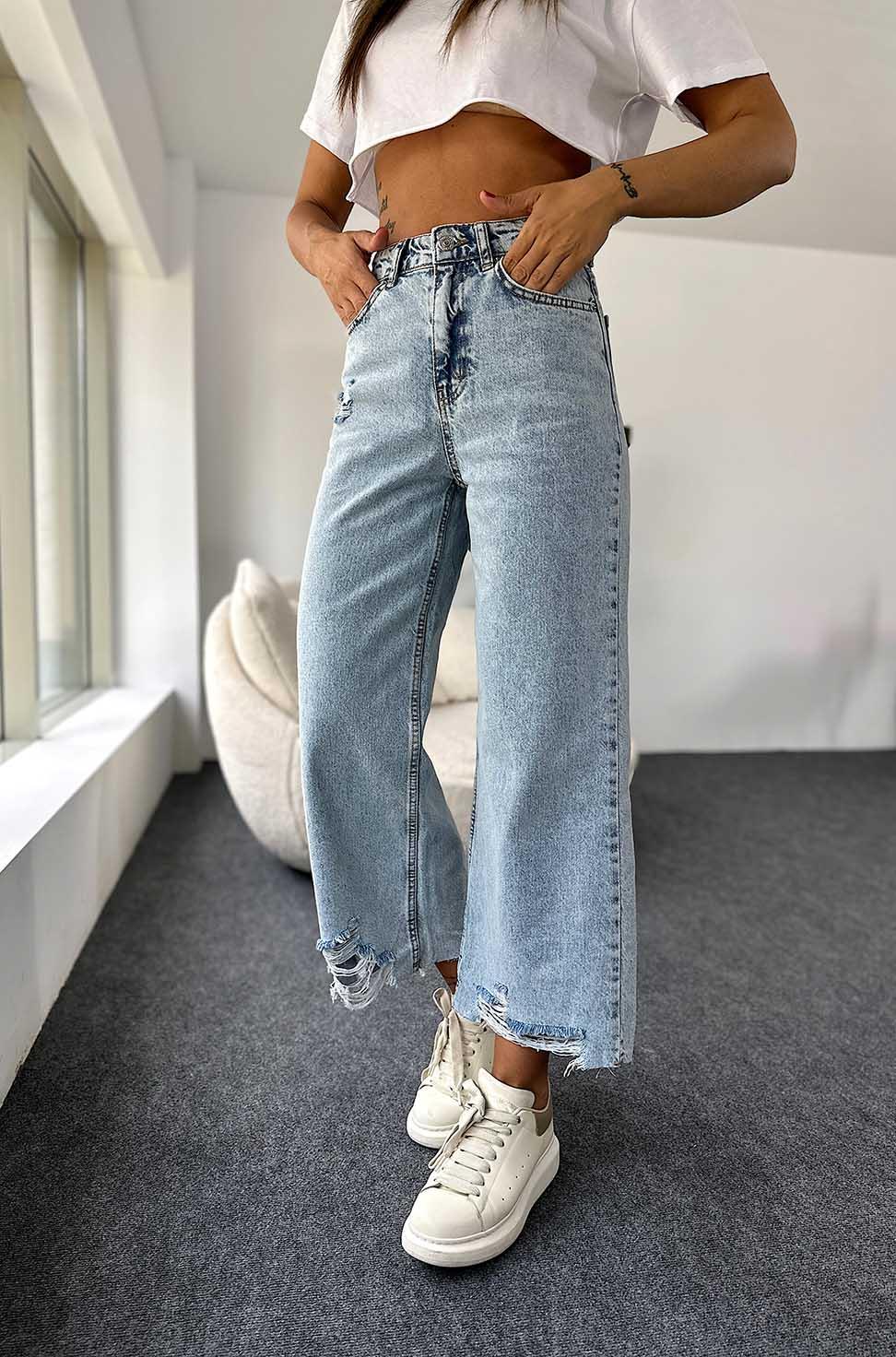 Yüksek Bel Paçası Yırtık Detay Bol Kesim Jean Pantolon Açık Mavi
