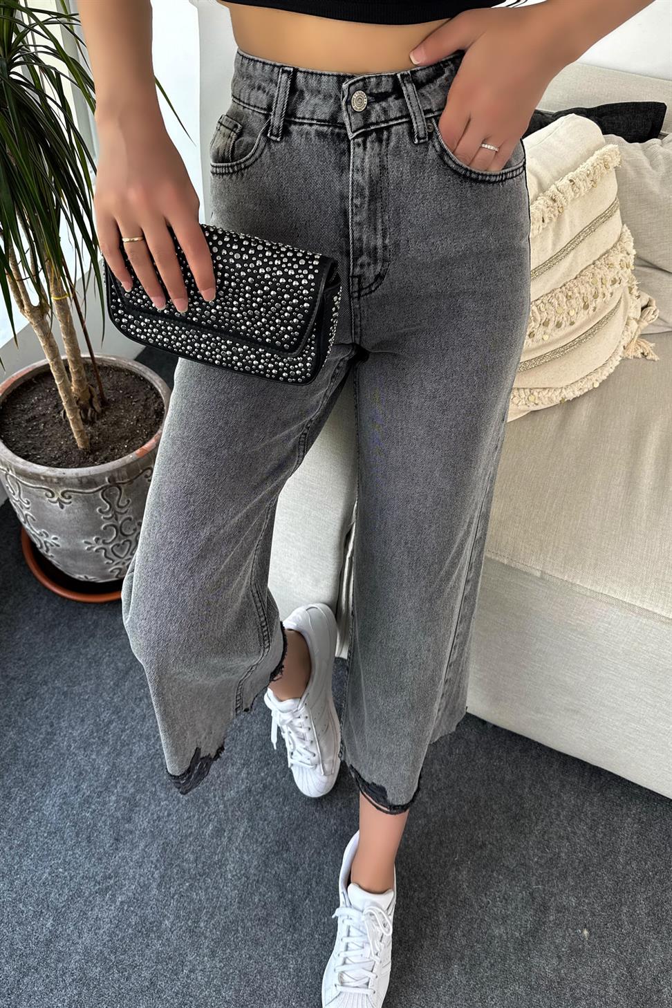 Yüksek Bel Paçası Yırtık Detay Bol Kesim Jean Pantolon Füme