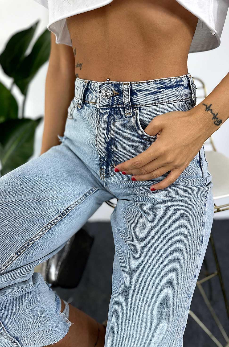 Yüksek Bel Paçası Yırtık Detay Bol Kesim Jean Pantolon Açık Mavi