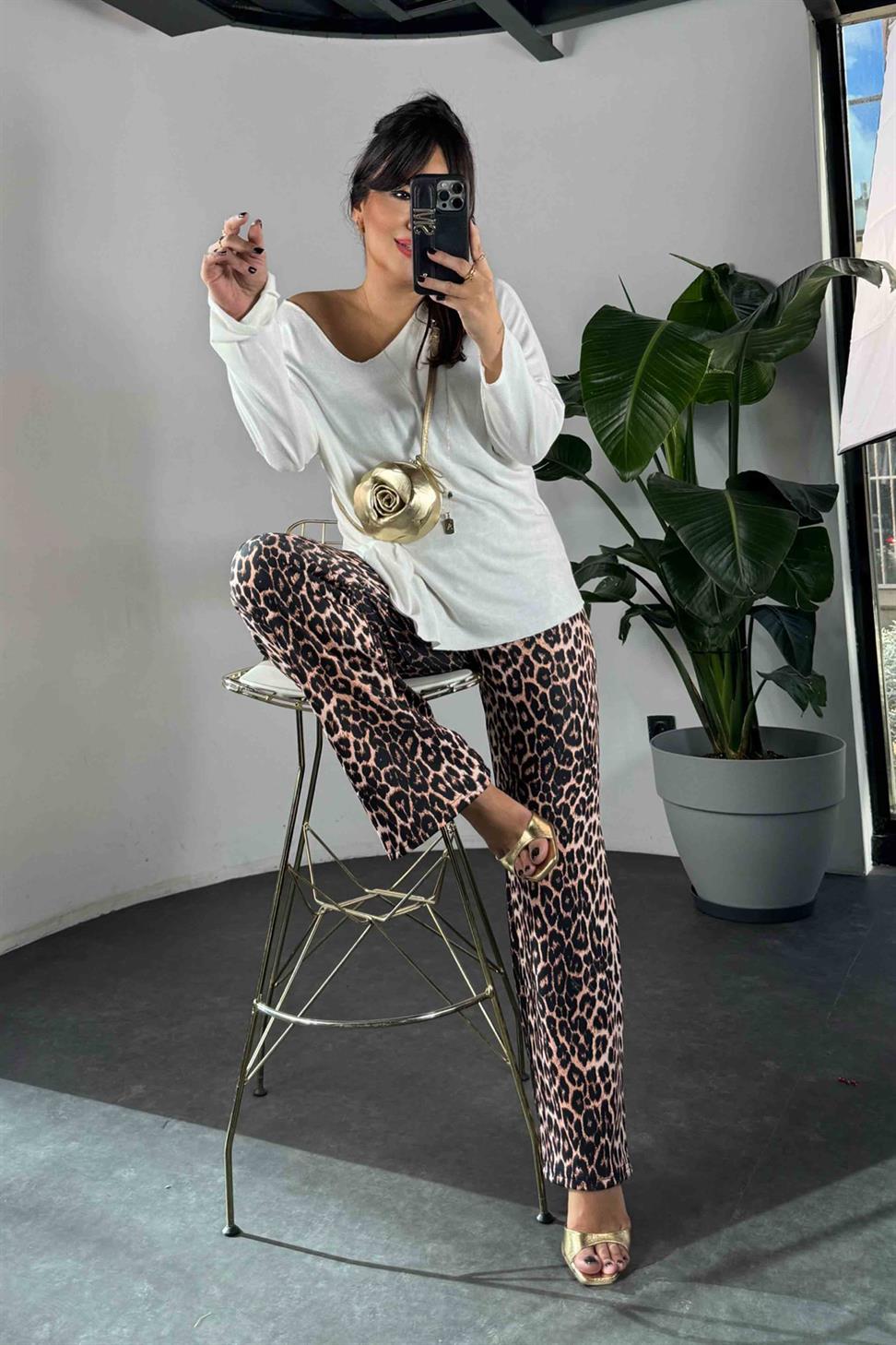 Yüksek Bel Palazzo Tayt Pantolon Somon