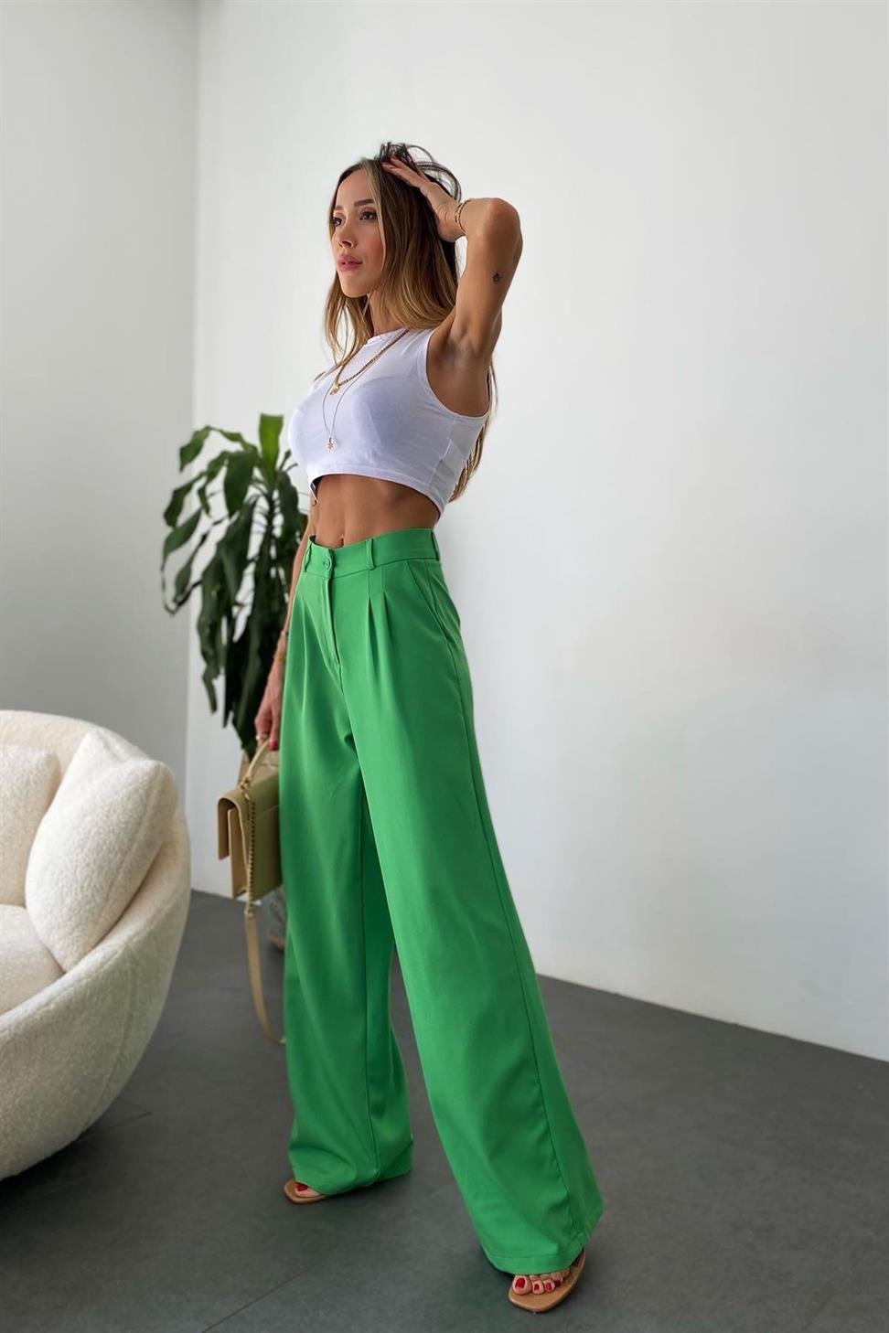 Yüksek Bel Pens Detaylı Palazzo Pantolon Yeşil
