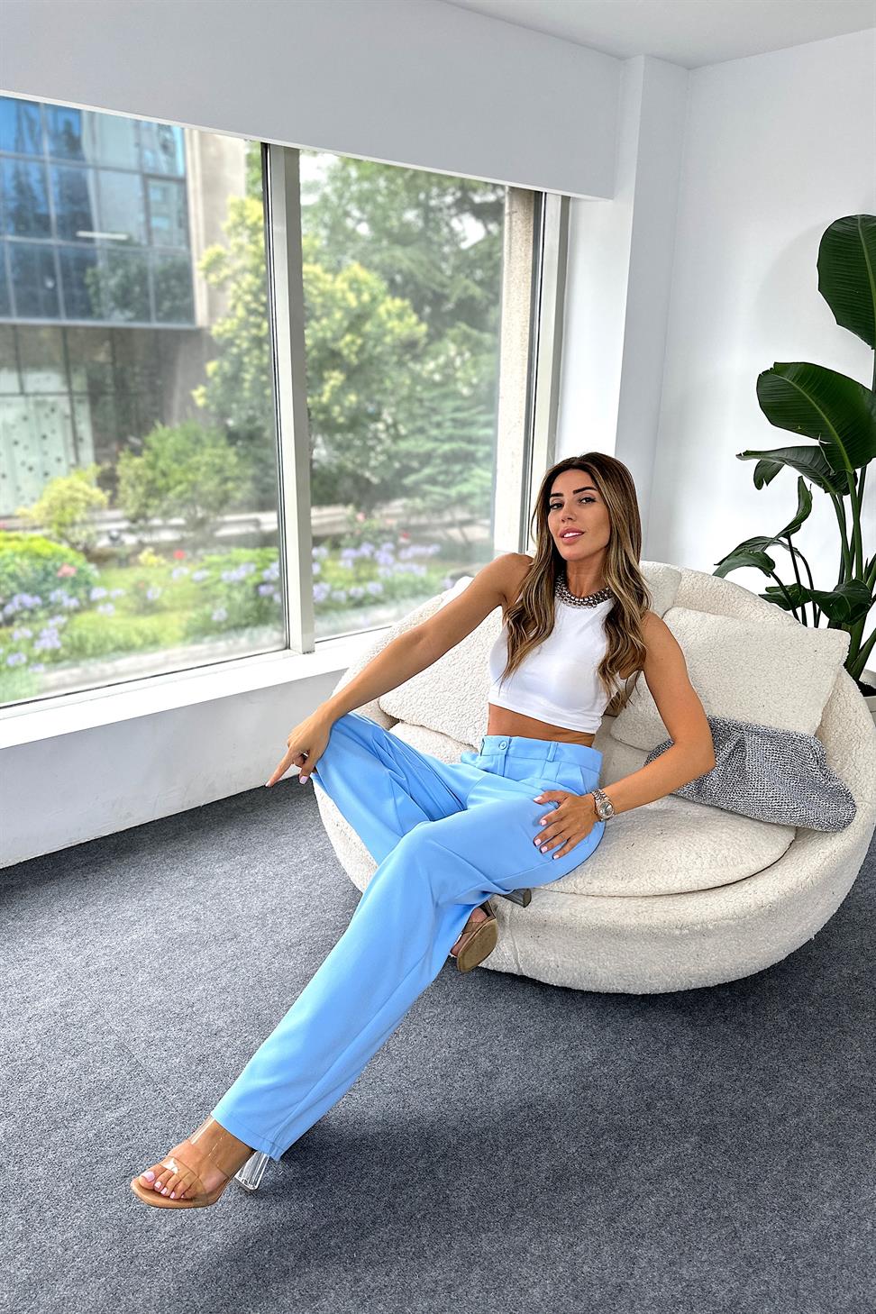 Yüksek Bel Pens Detaylı Palazzo Pantolon Bebe Mavisi