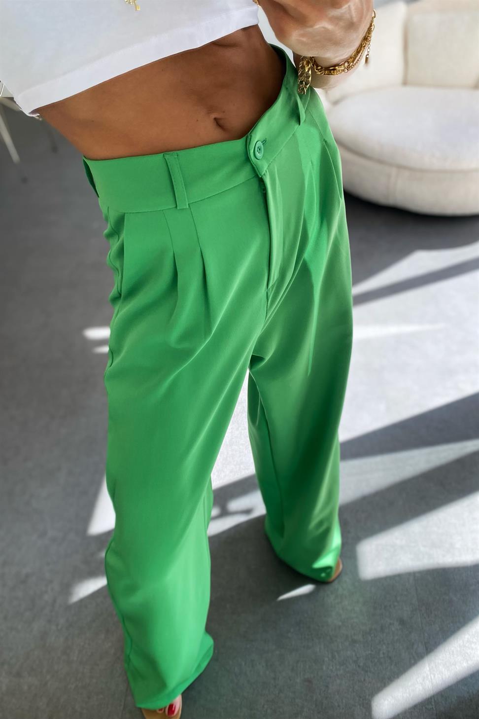 Yüksek Bel Pens Detaylı Palazzo Pantolon Yeşil