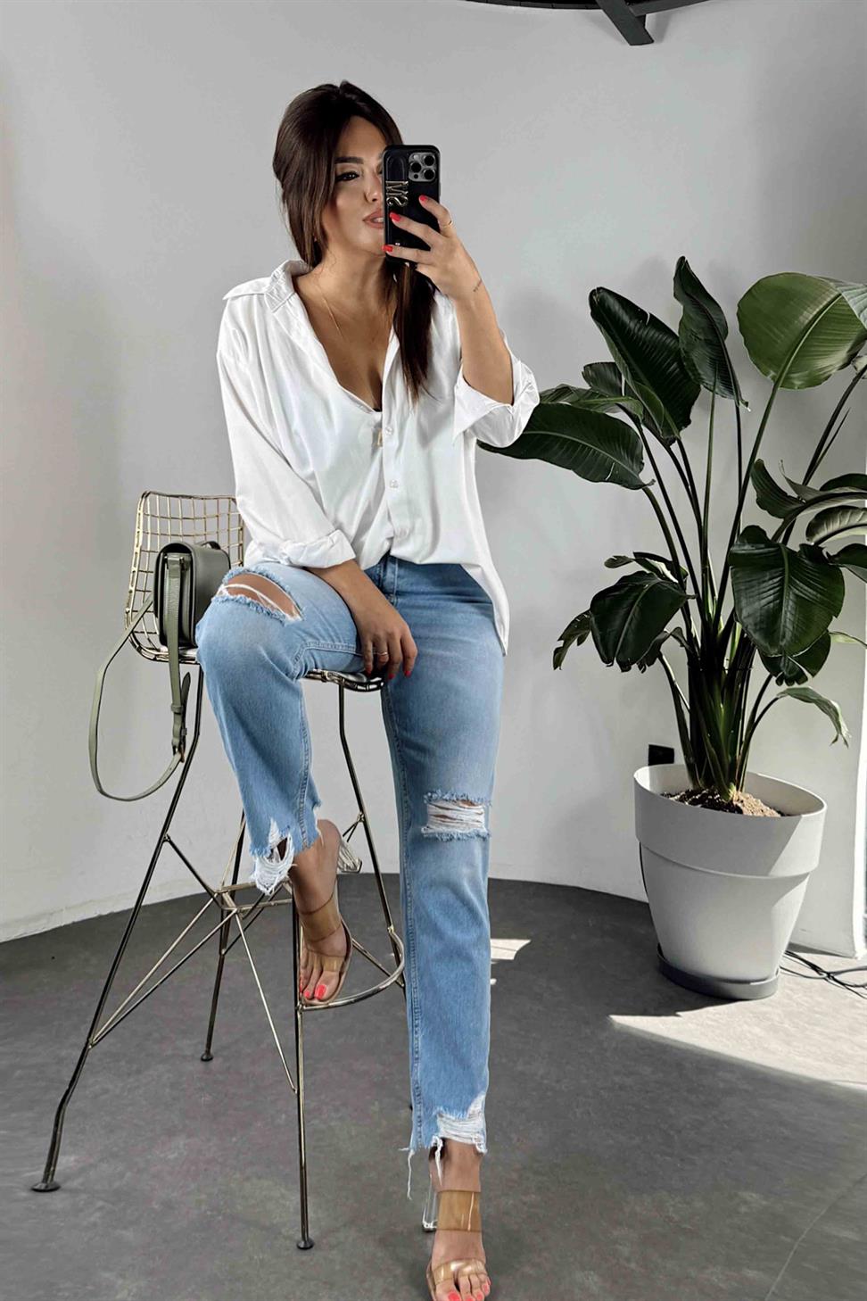 Yüksek Bel Püskül Detaylı Lazer Kesim Jean Pantolon Açık Mavi