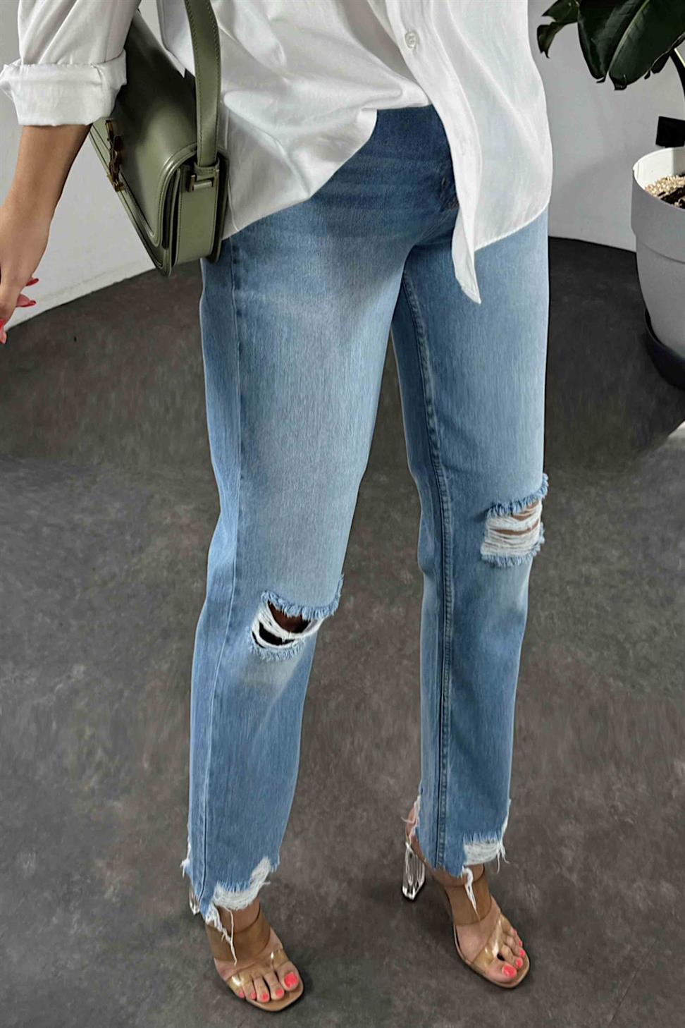 Yüksek Bel Püskül Detaylı Lazer Kesim Jean Pantolon Açık Mavi