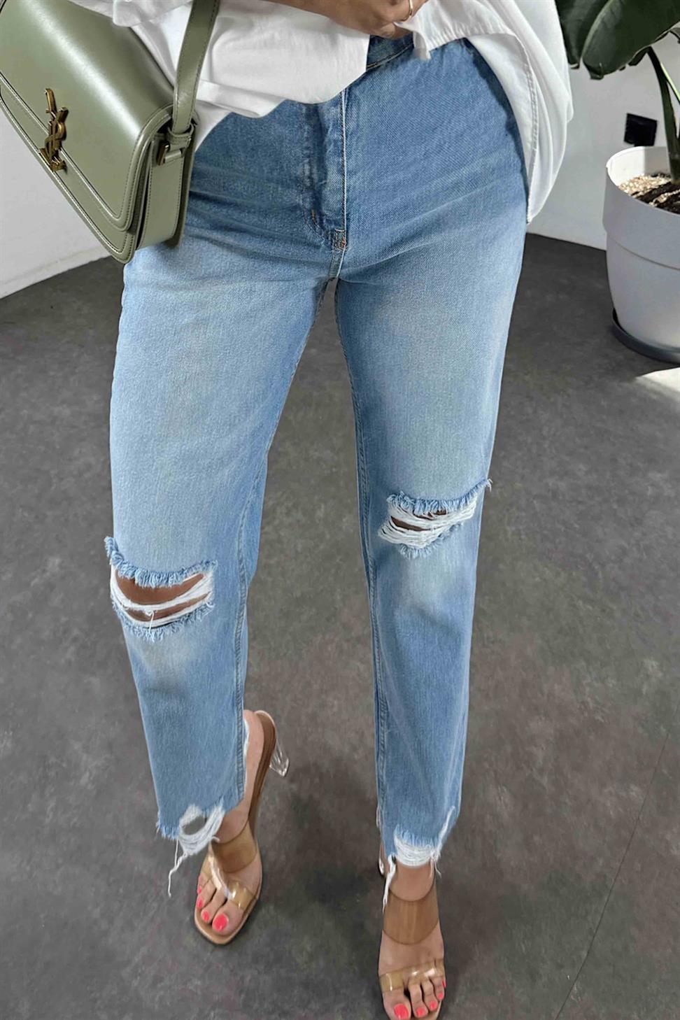Yüksek Bel Püskül Detaylı Lazer Kesim Jean Pantolon Açık Mavi